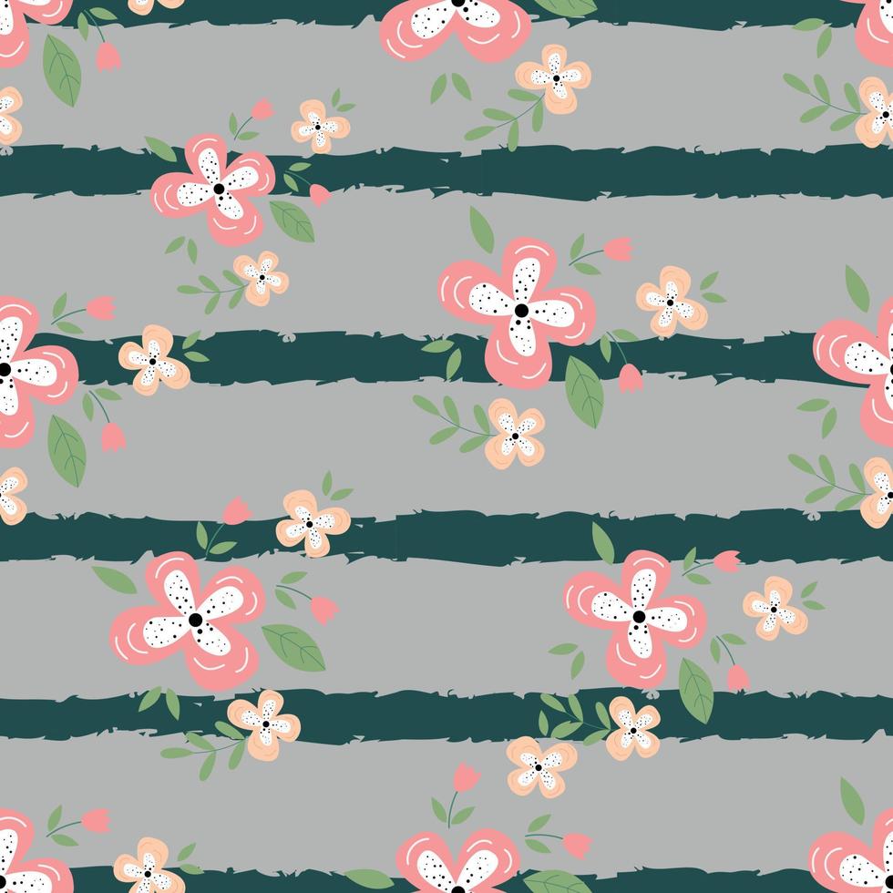 Baby seamless pattern pink flowers on striped background Hand-drawn design in a childish style. used for print, decorative wallpaper, fabric, textile vector illustration