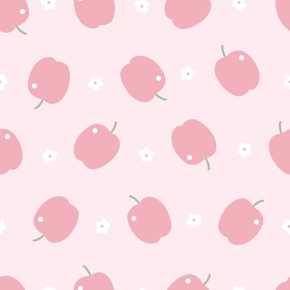 Baby seamless pattern red apple fruit background with flowers on pink background hand drawn design in cartoon style Used for printing, wallpaper decoration. vector illustration