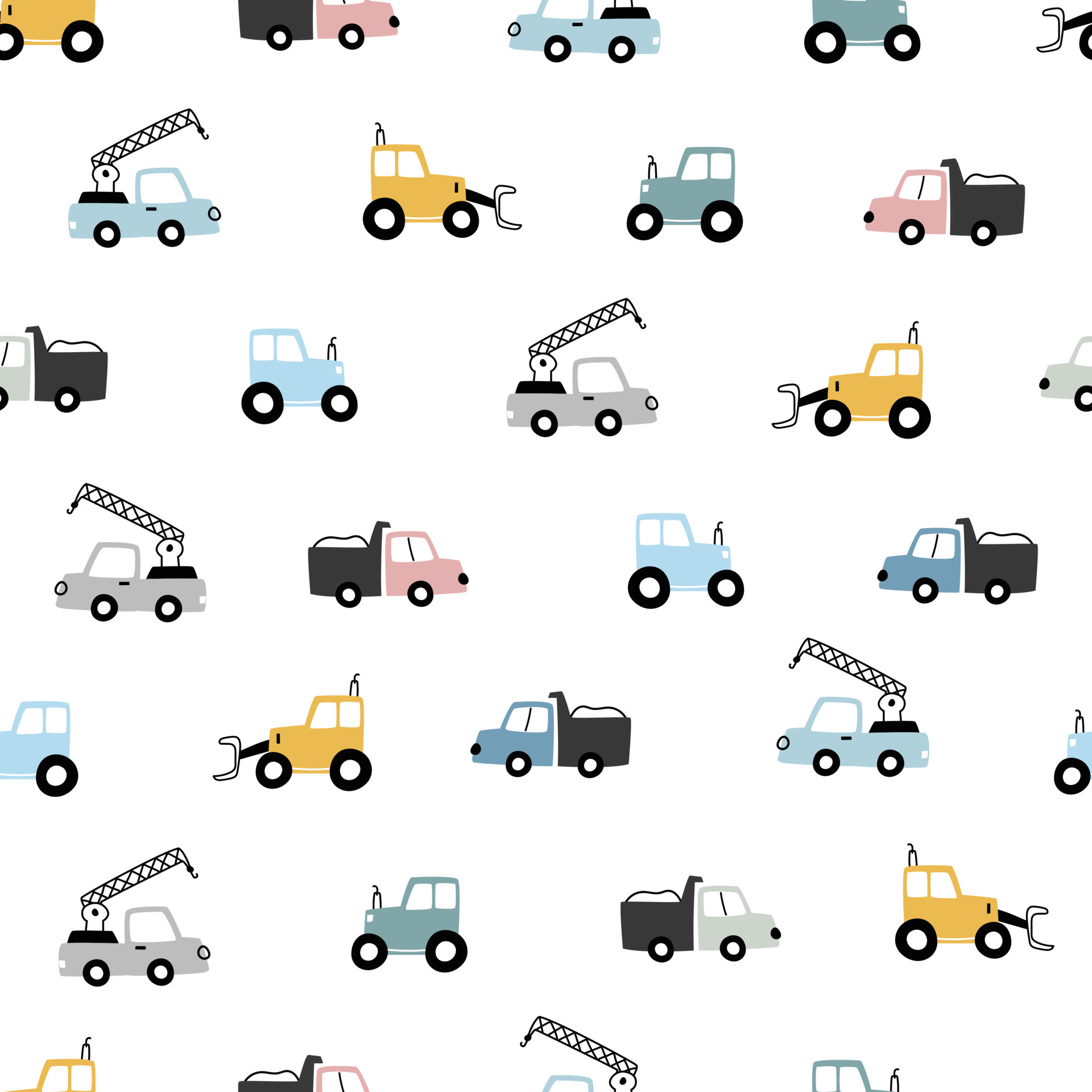 Set of hand drawn construction vehicles baby seamless pattern vector