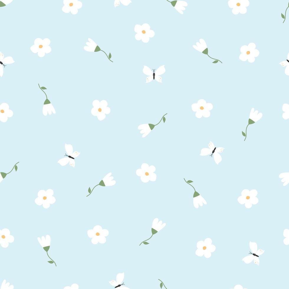 Baby seamless pattern Flower background randomly placed on a blue background Hand drawn design in cartoon style, used for fabrics, textiles, vector illustration.
