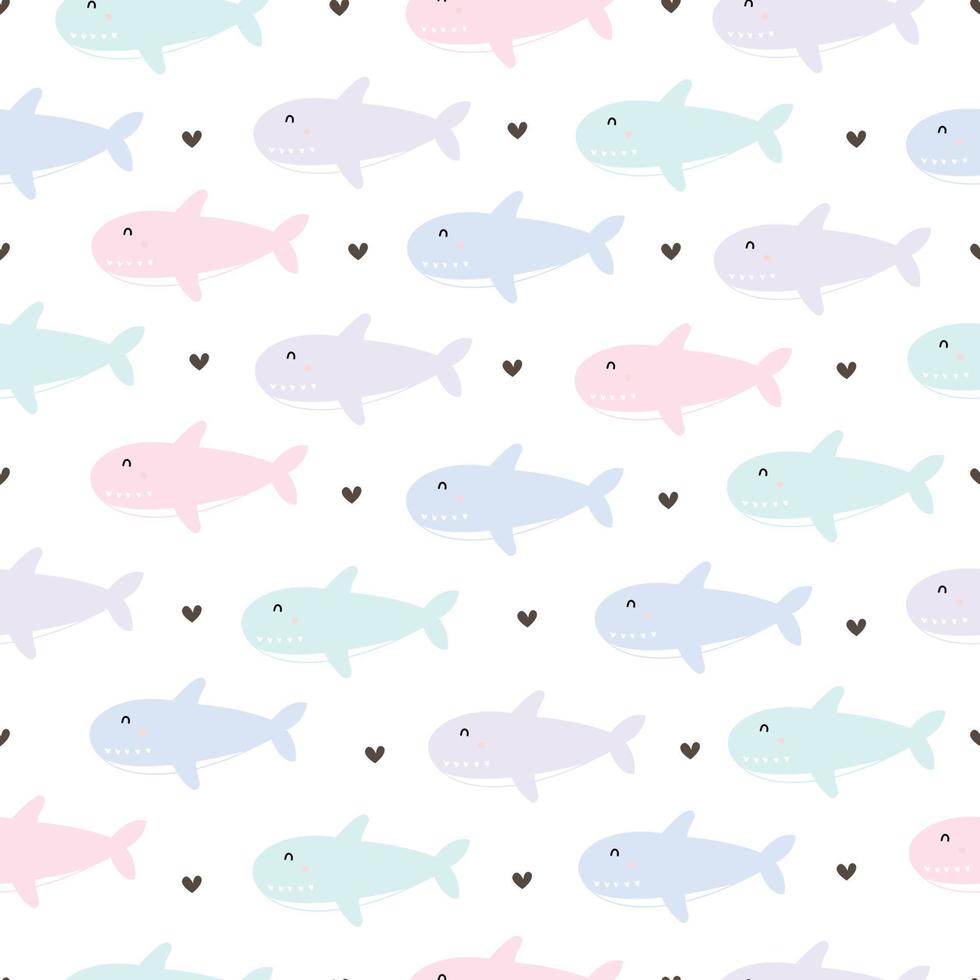 Pastel shark on a white background baby seamless pattern hand drawn cartoon background for baby clothes, blanket pattern or print wallpaper vector illustration