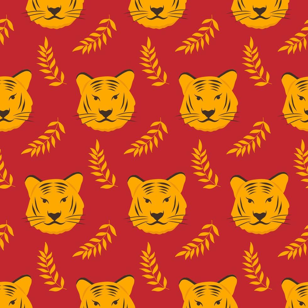 Seamless new year chinese tiger pattern with branch on red background for printing, fabric, textile vector
