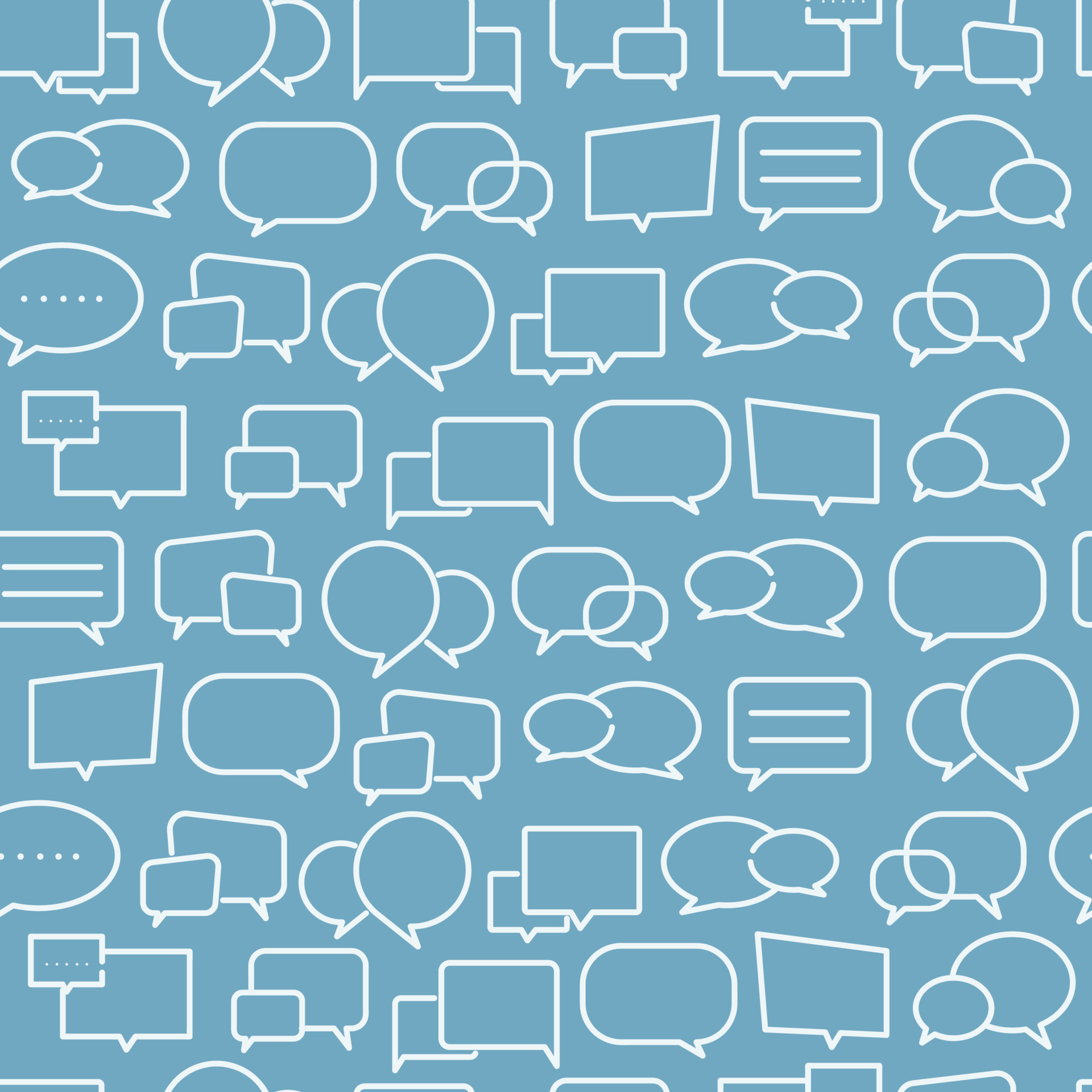 Speech bubble outline icon on blue background seamless pattern
