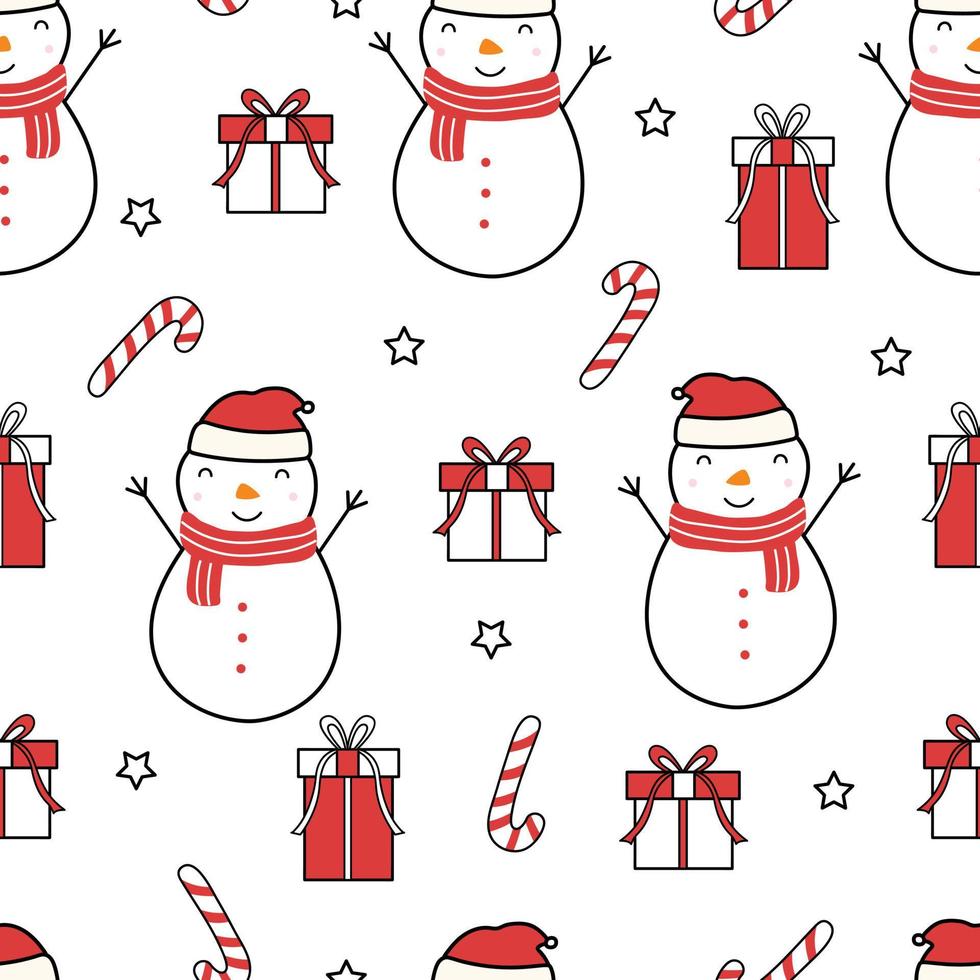 Seamless Pattern Christmas Background snowman with gift box Hand drawn design in cartoon style. used for print, celebration wallpaper, fabric, textile vector illustration