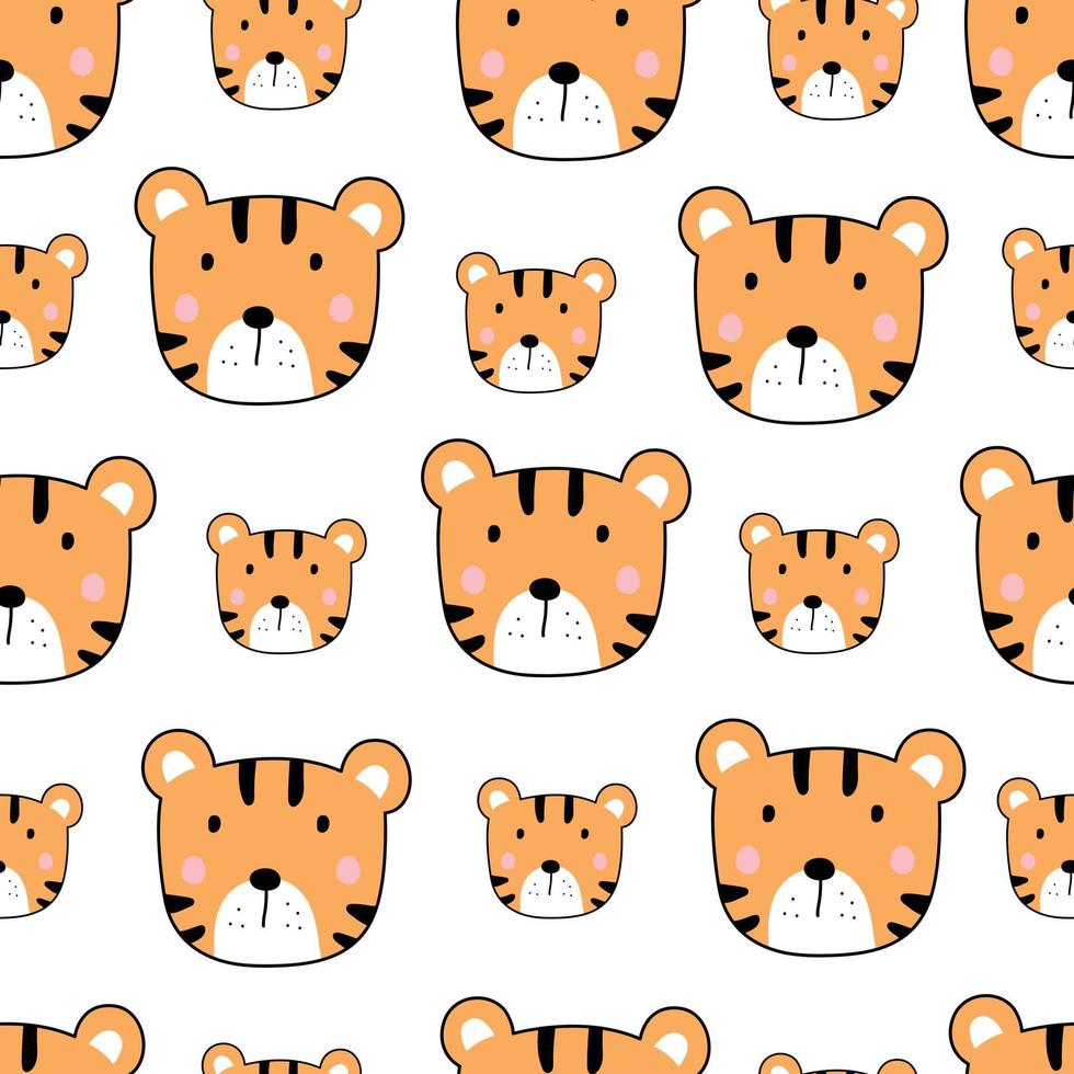 Tiger face hand drawn cartoon animal background seamless vector pattern in cartoon style for kids Used for printing, wallpaper, decoration, fabric, textile.