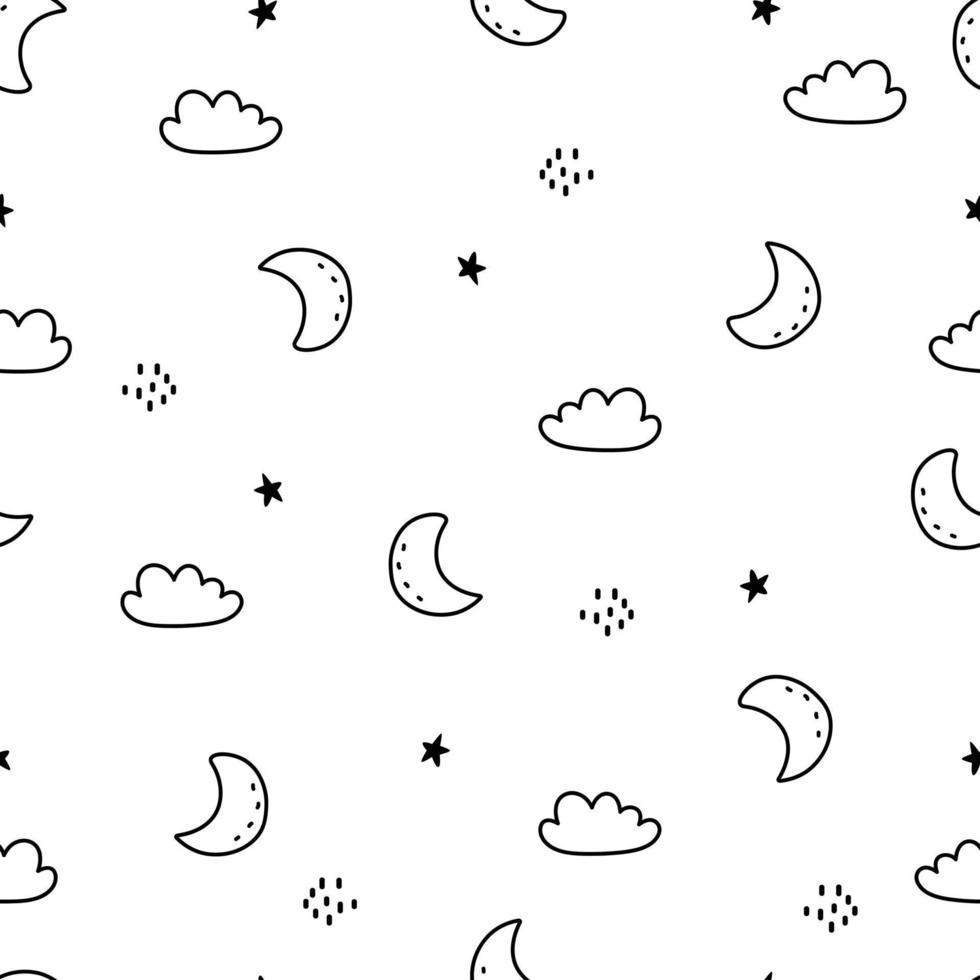 Clouds with moon outline on white background seamless pattern background. Cartoon style hand drawn design for baby clothes pattern, blanket. or print wallpaper vector illustration