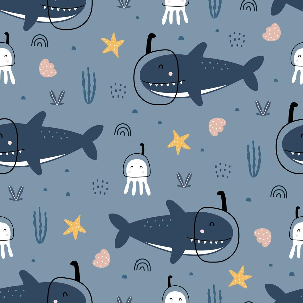 Baby seamless pattern background cartoon animals marine life with sharks and octopus hand drawn design in cartoon style  Used for prints, wallpapers, textiles, vector illustrations.