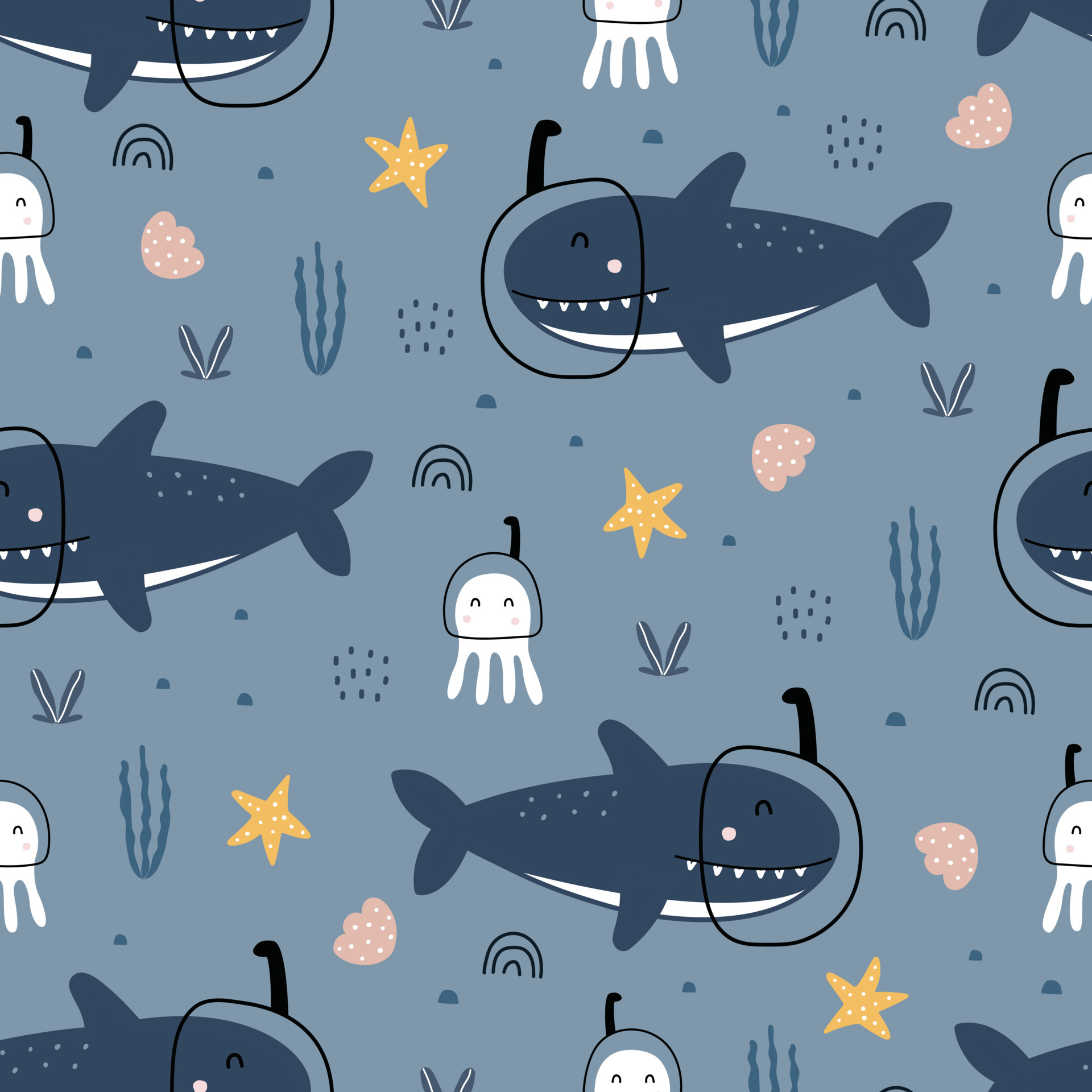 bebé de patrones sin fisuras fondo dibujos animados animales vida marina  con tiburones y pulpo diseño dibujado a mano en estilo de dibujos animados  utilizado para impresiones, fondos de pantalla, textiles, ilustraciones