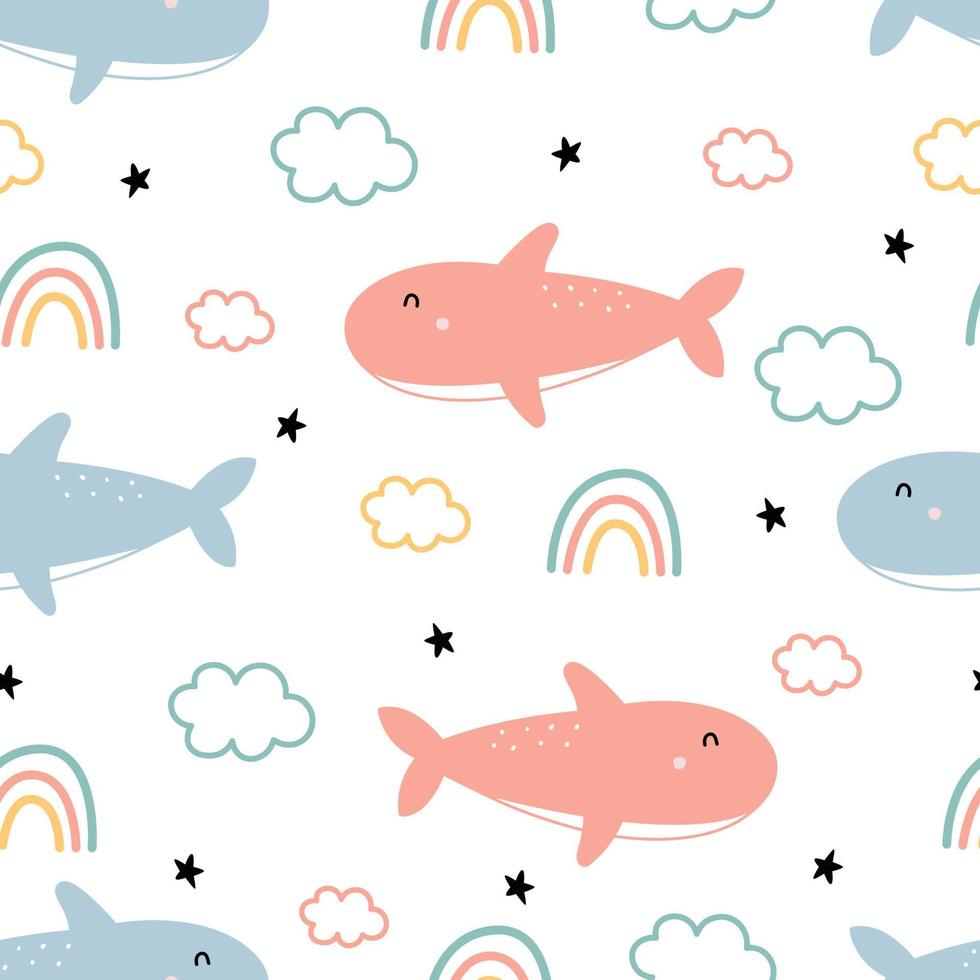 bebé de patrones sin fisuras dibujos animados animales fondo tiburón con nubes y arco iris. diseño bebé de patrones sin fisuras dibujos animados animales fondo tiburón con nubes y arco iris. diseño