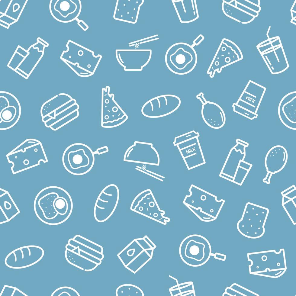 Food outline icon on blue background breakfast background seamless pattern for printing, wallpaper decoration vector illustration