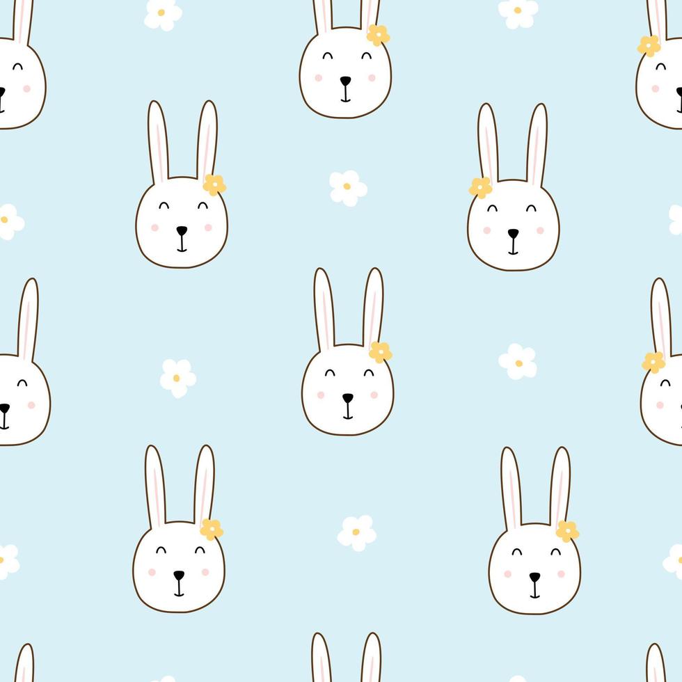 Baby seamless pattern cute rabbit face on blue background hand drawn design in cartoon style Used for prints, decorative wallpaper, textiles, vector illustrations.