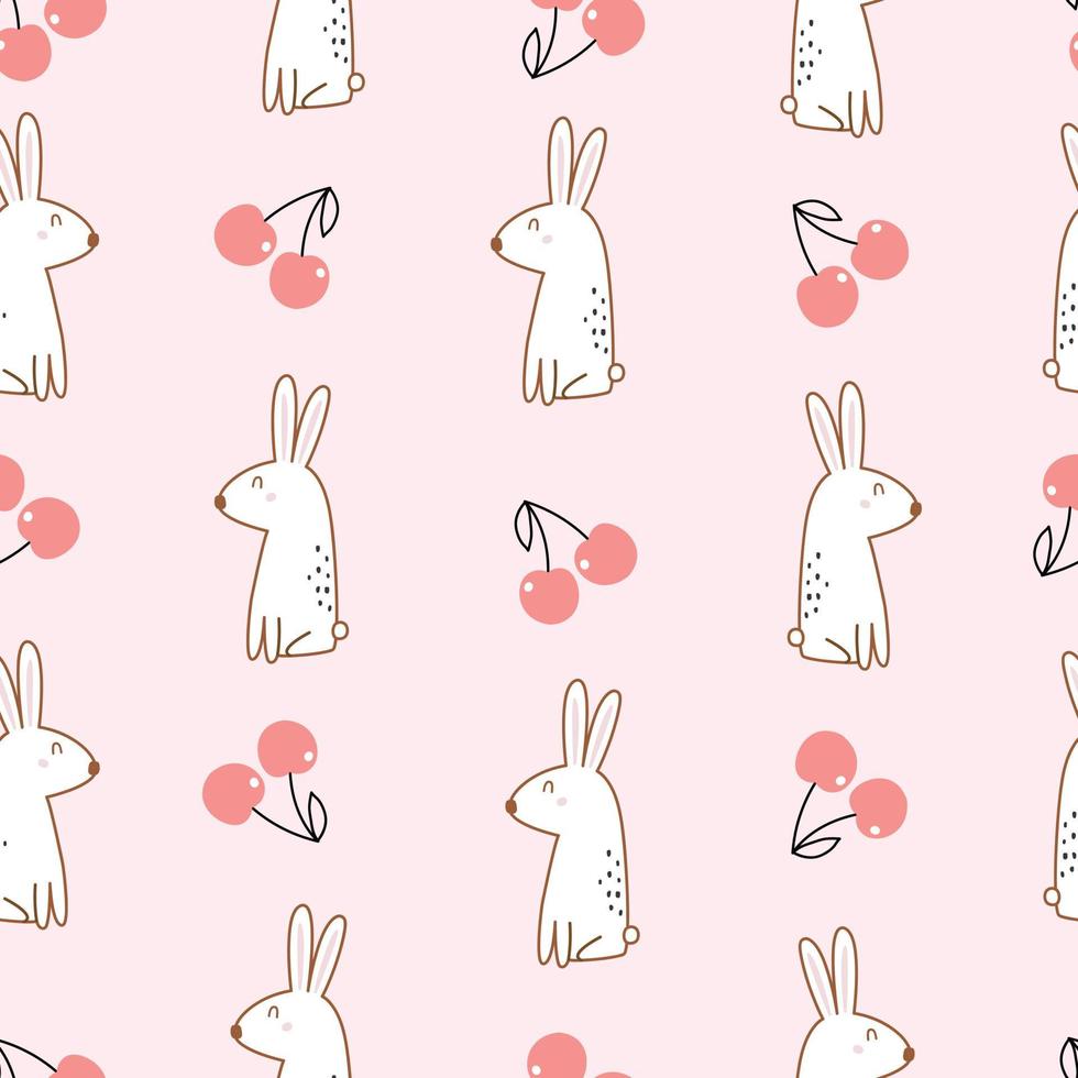 Baby seamless pattern cute rabbit with cherry on pink background hand drawn design in cartoon style Used for prints, decorative wallpaper, textiles, vector illustrations.
