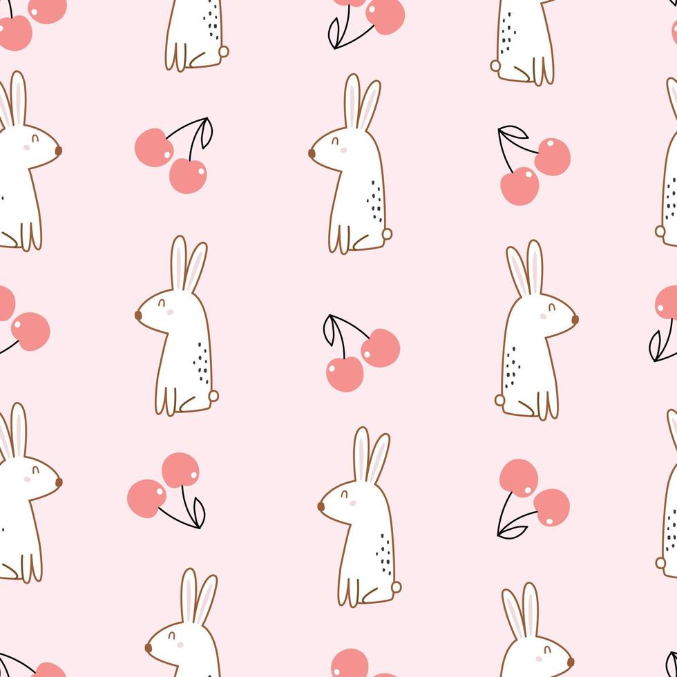 bebé de patrones sin fisuras lindo conejo con cereza sobre fondo rosa diseño dibujado a mano en estilo de dibujos animados utilizado para impresiones, papel tapiz decorativo, textiles, ilustraciones vectoriales. vector