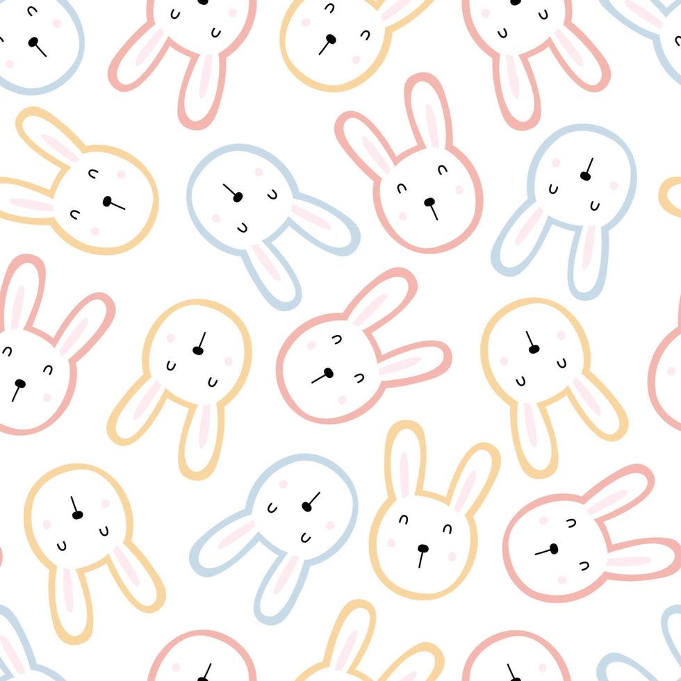 Baby seamless pattern outline of a rabbit face on a white background Hand drawn design in cartoon style. For print, children clothing designs, decorative wallpaper. vector illustration