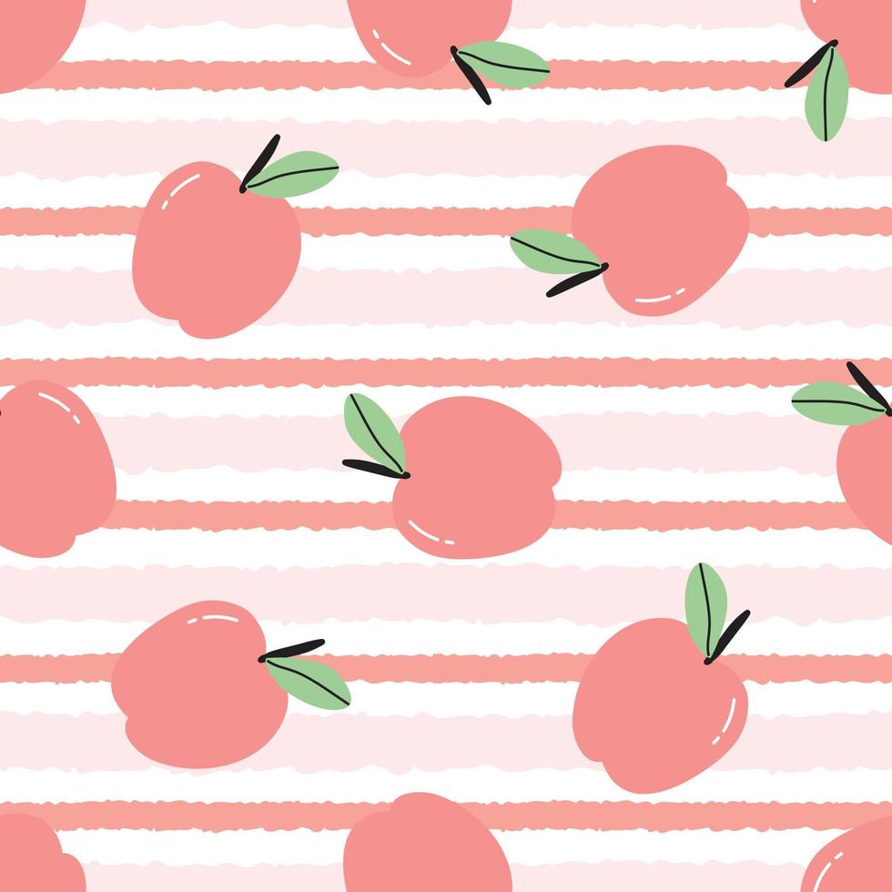 Baby seamless pattern Red apple on pink striped background, cute design, cartoon style, for baby clothes, wallpaper, decoration vector