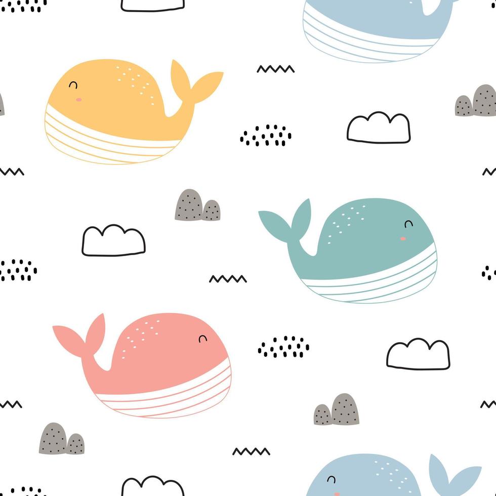 ballena de patrones sin fisuras fondo de animales marinos para niños. diseño dibujado a mano en estilo de dibujos animados. utilizar para textiles, estampados, papeles pintados, ilustraciones vectoriales. vector