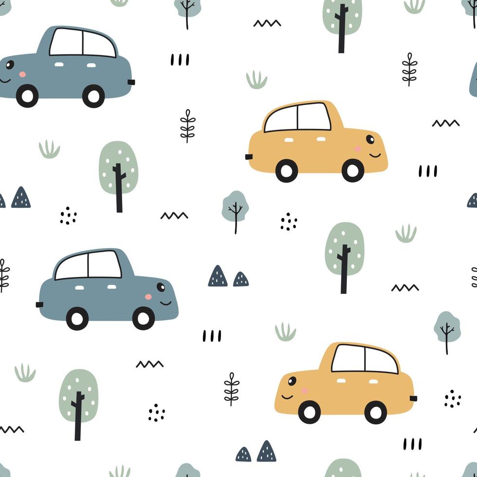Fondo de dibujos animados de vehículos de patrones sin fisuras de bebé con coches y árboles diseño dibujado a mano en estilo infantil. utilizado para printi, decoración de papel tapiz, telas, textiles. ilustración vectorial vector