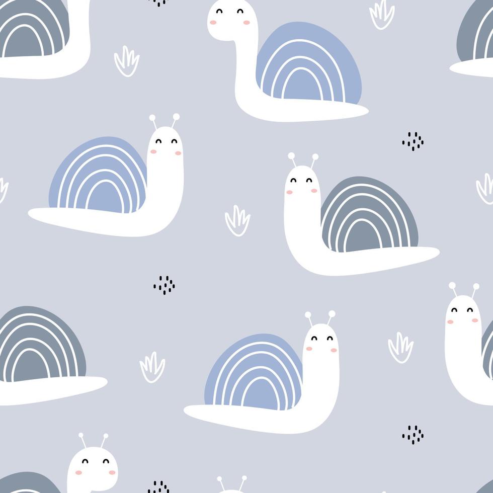 Snail on a gray background seamless pattern background. Cartoon style hand drawn design for baby clothes pattern, blanket. or print wallpaper vector illustration