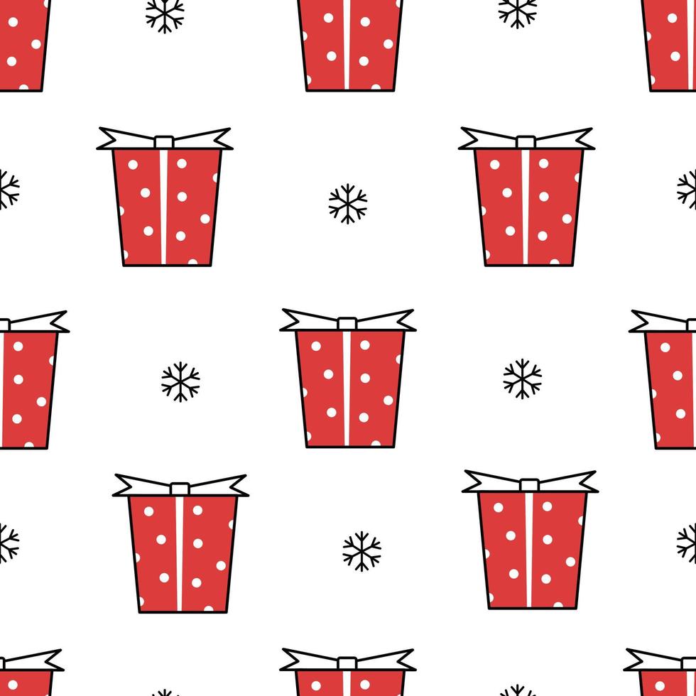 Seamless Christmas Background Vector Pattern With Gift Boxes. Hand drawn design in cartoon style. Use for prints, illustrations, decorative wallpaper, fabrics, textiles, fashion.