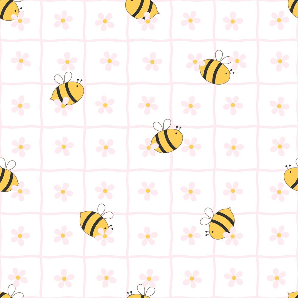 abeja con flores y rejilla cuadrada sobre fondo blanco bebé de patrones sin fisuras fondo de dibujos animados dibujados a mano para ropa de bebé, patrón de manta o papel tapiz de impresión ilustración vectorial vector