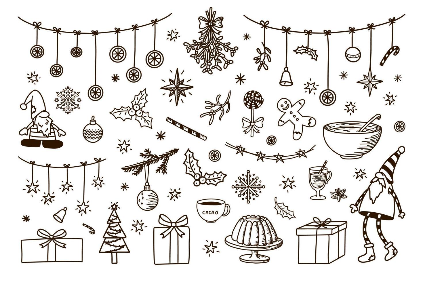 Christmas Decoration Elements Big Set. New Year traditional knick knacks for greeting and invitation card design and decoration. Doodle Style vector