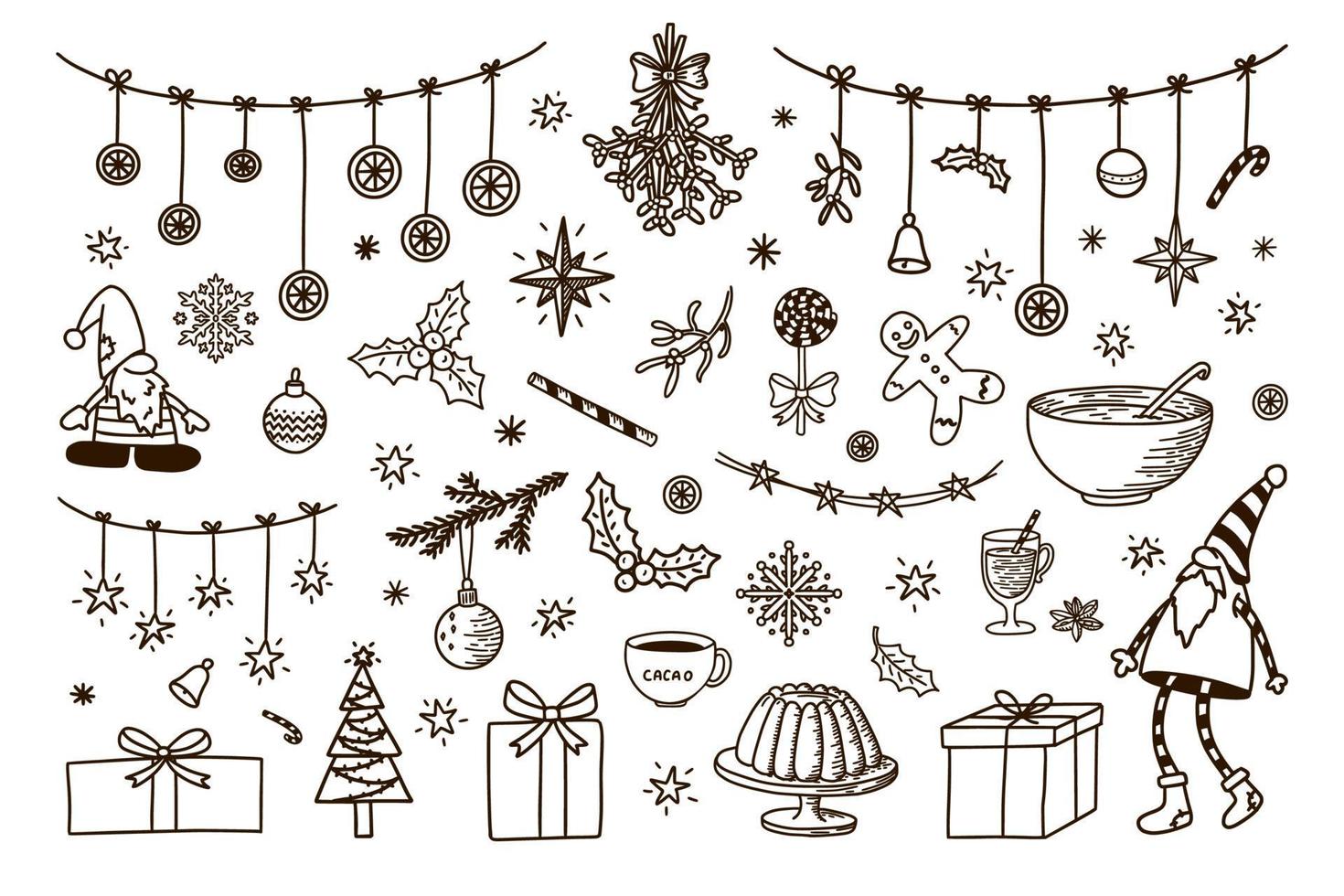 Christmas Decoration Elements Big Set. New Year traditional knick knacks for greeting and invitation card design and decoration. Doodle Style vector