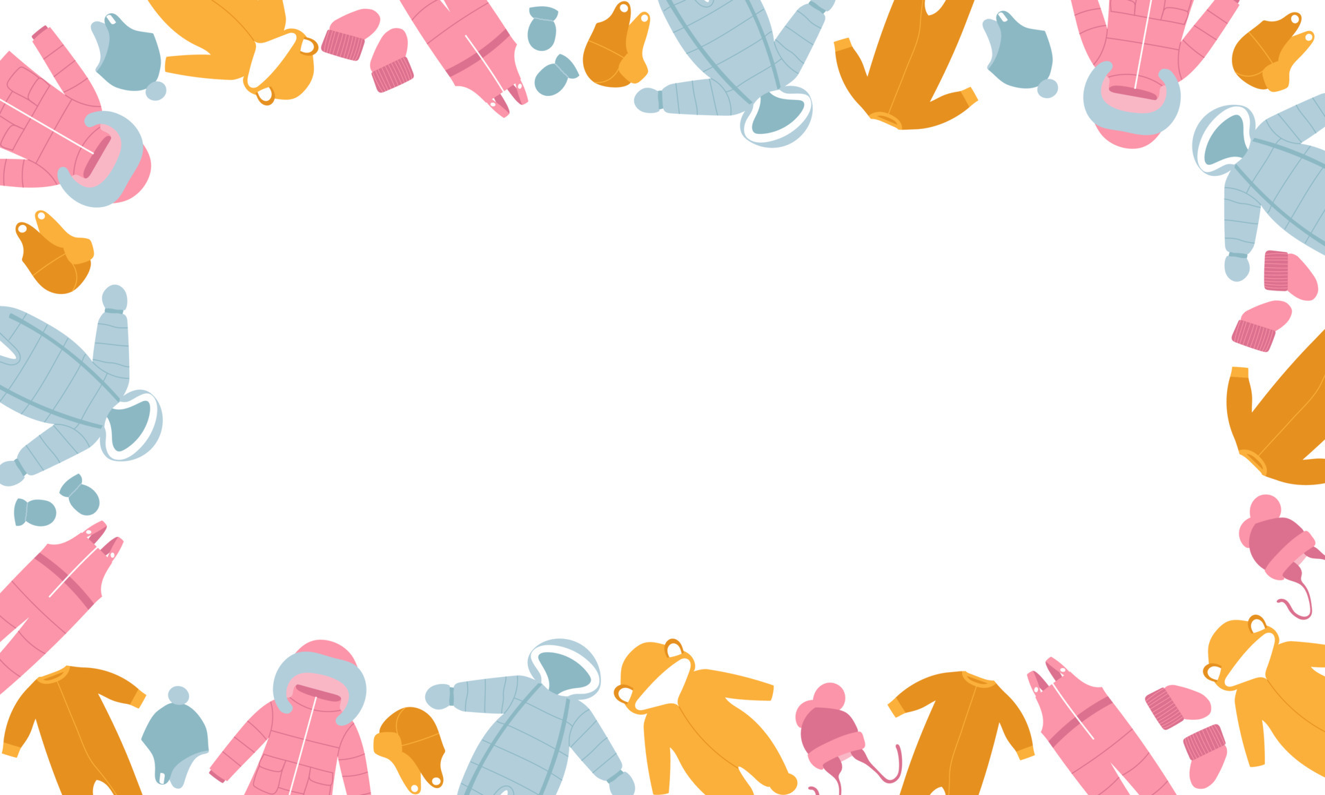 Winter baby clothes horizontal frame. Winter coat, overalls, snow suit