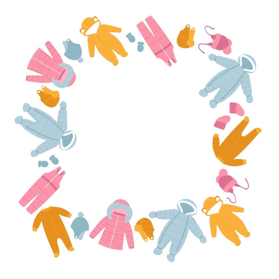 Winter baby clothes square frame. Winter coat, overalls, snow suit