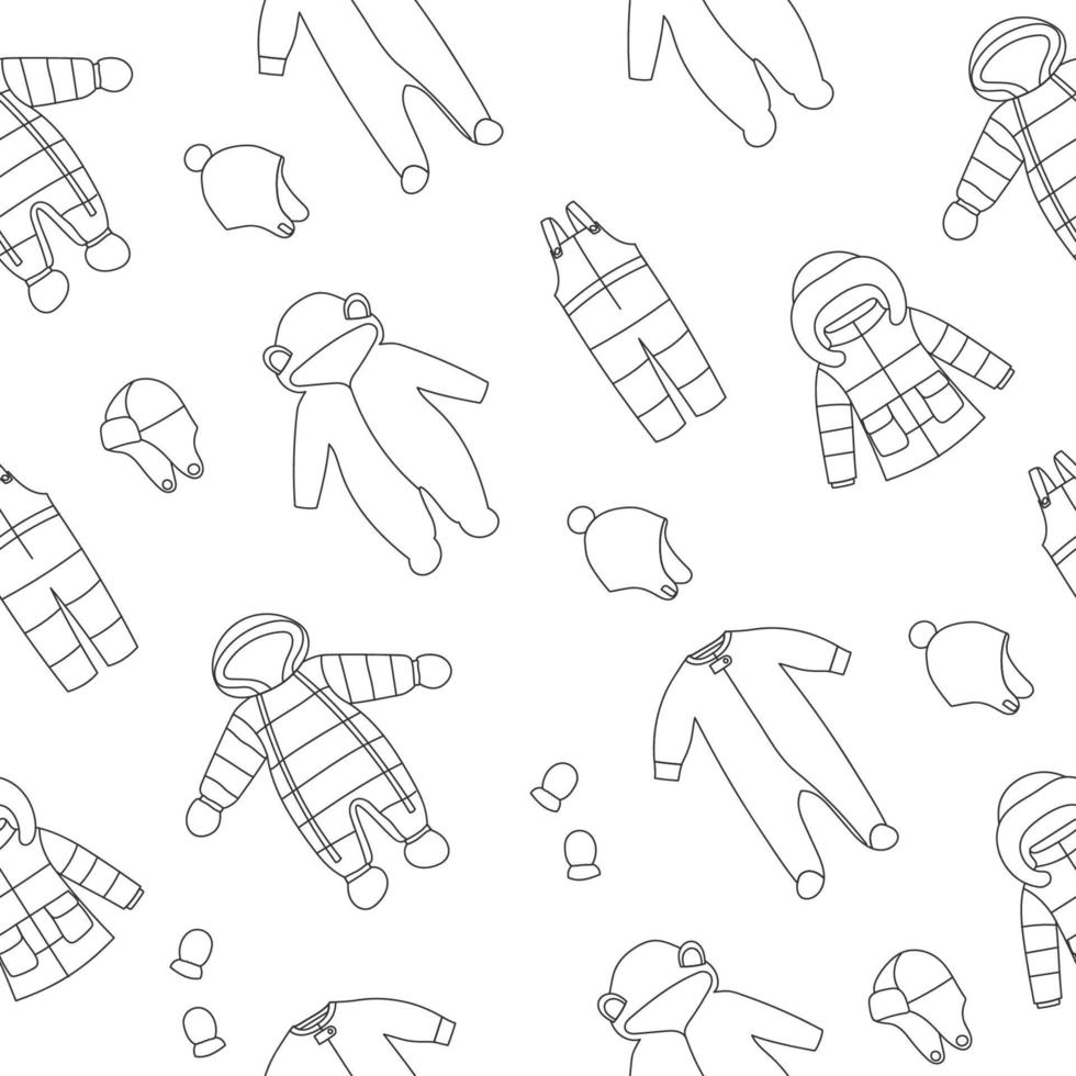 patrón sin costuras de ropa de invierno para bebés. abrigo de invierno de arte lineal, overoles, traje de nieve, mono, sombreros y guantes vector