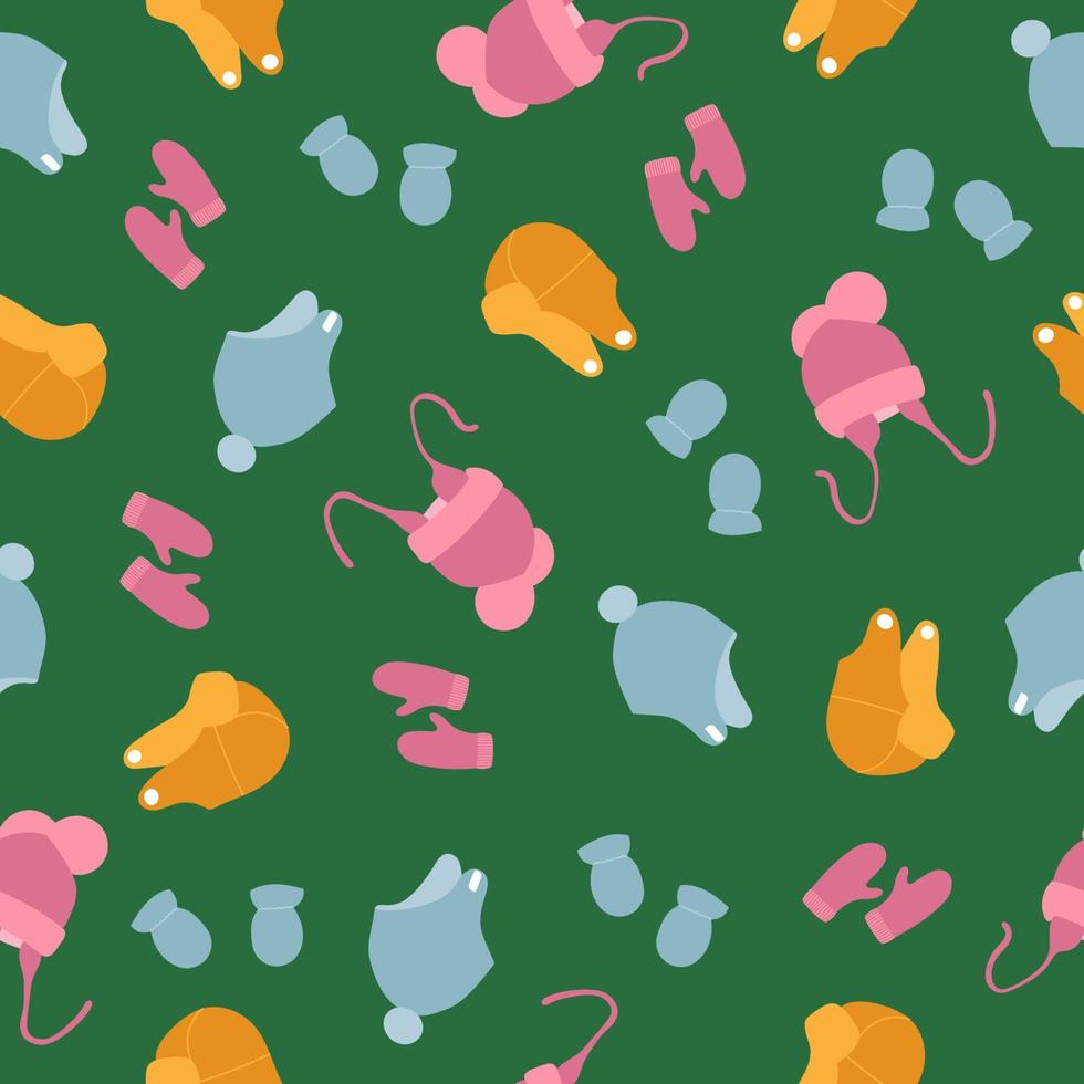 Seamless pattern of winter hat and mittens for children vector