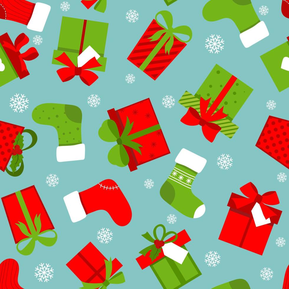 Seamless Christmas stocking, sock, boot, boxes. Cute Christmas stocking, flat style icon, decoration element. vector