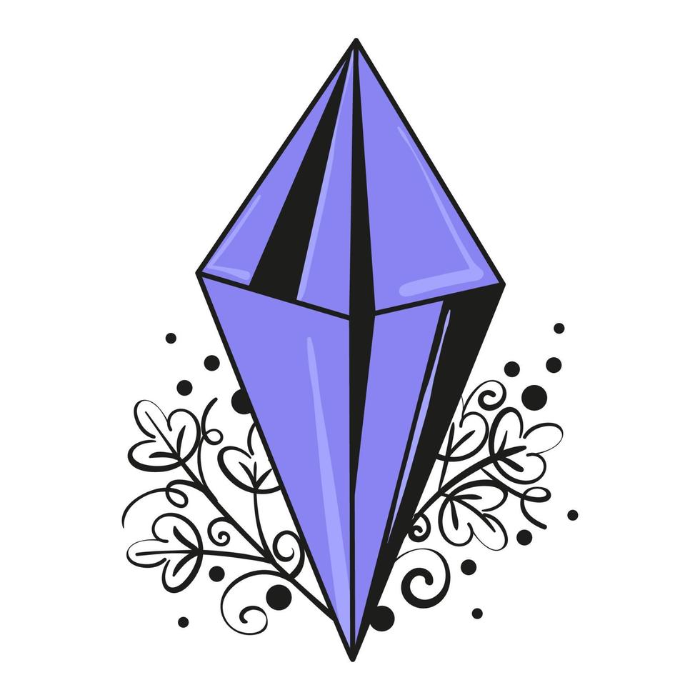 Isolated vector illustration of purple crystal with line art leaves and monograms