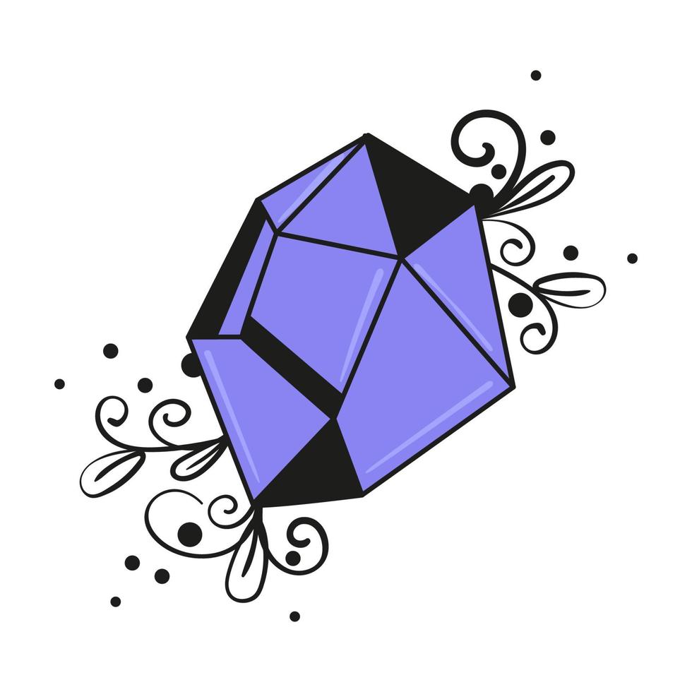 Isolated vector illustration of purple crystal with line art leaves and monograms