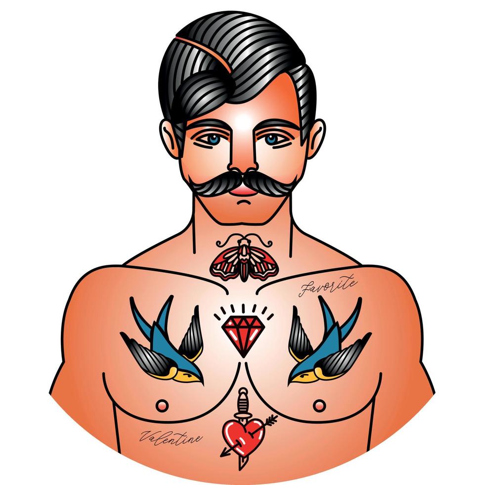 tatuaje de la vieja escuela del hombre. boceto de hombre con tatuajes vector