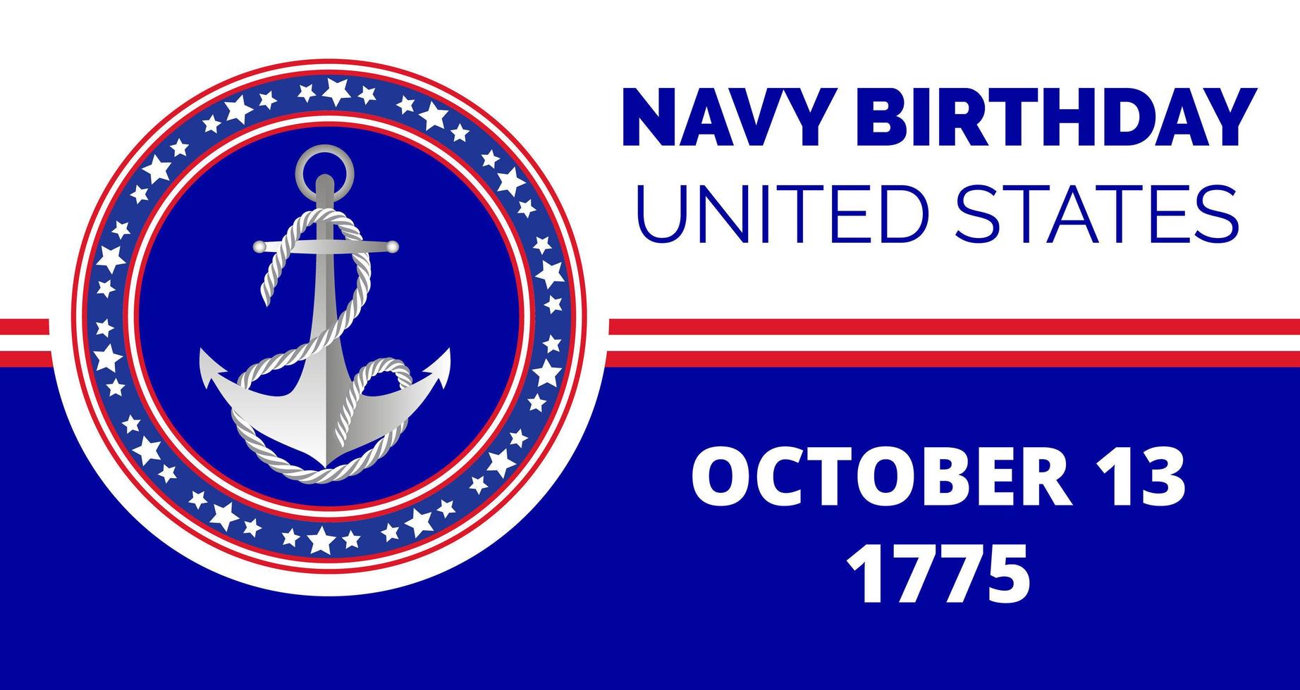 Navy birthday celebrated in 13th October 13th in United States. Emblem with anchor, flag, ropes vector