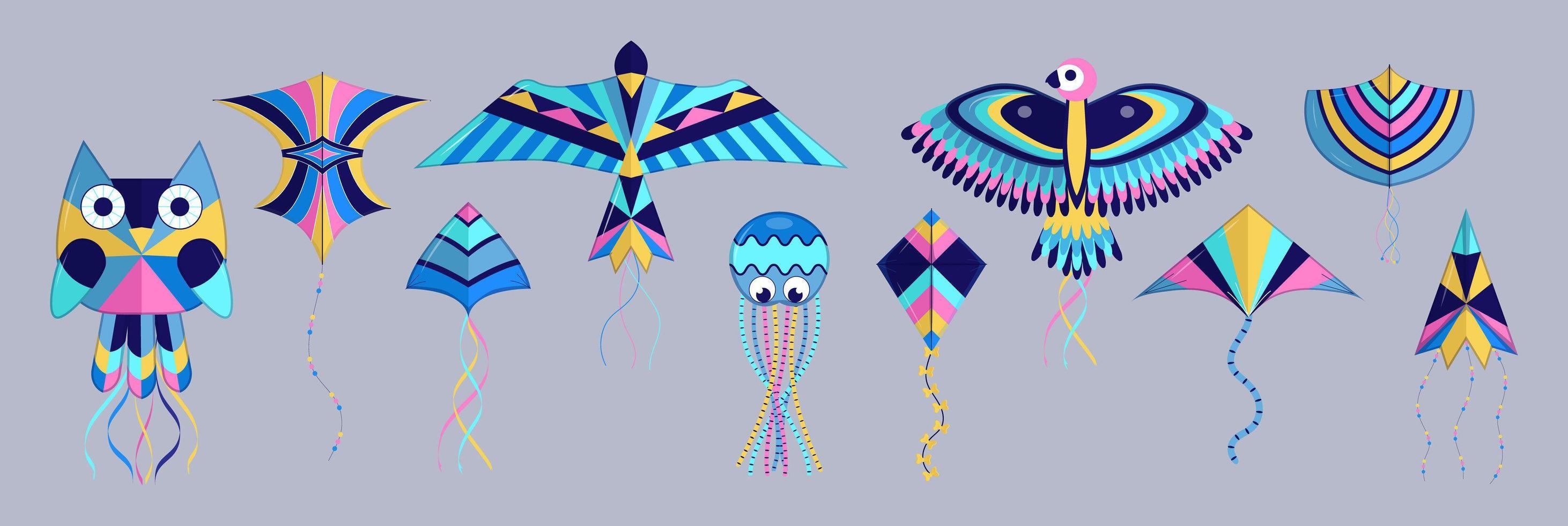 Kites set vector. International Kites Day holiday. Parrot, bird, octopus shapes for fly toy. vector