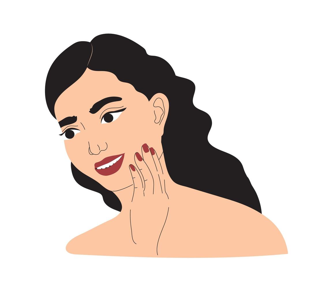 mujer joven y bonita que aplica la crema para la cara. procedimiento de cuidado de la piel, ilustración del día de rutina. aplicación de vector de producto cosmético.