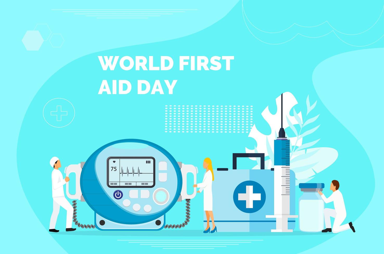 World First Aid Day on the second Saturday in September. Resuscitation ambulance car, hospital concept for website and mobile website development, landing page, apps is presented. vector