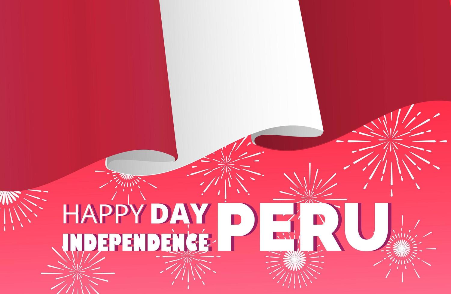 perú feliz día de la independencia el 28 de julio vector de concepto de tarjeta de felicitación. Fondo colorido de celebración con fuegos artificiales, destellos, bandera y texto para sitio web, página de destino, folleto, póster.