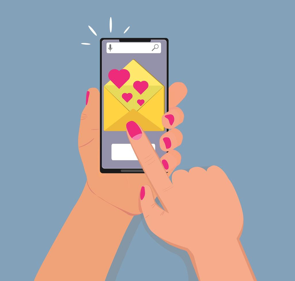 amor, vector de concepto de mensaje de San Valentín para web, banner. mano sostiene teléfono inteligente con sobre y corazones.