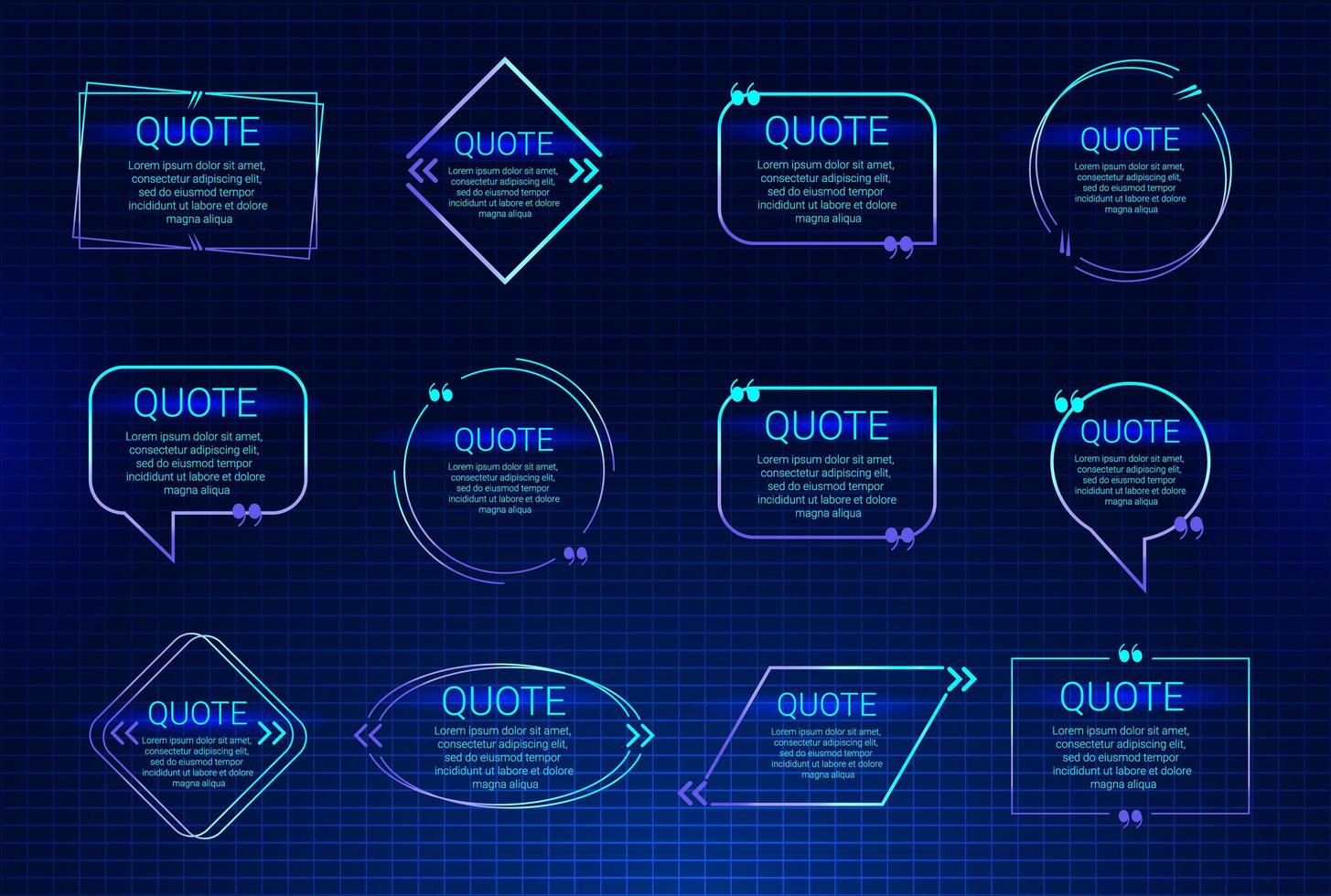 conjunto de vector de cuadro de cotización aislado en el fondo del ciberespacio de cuadrícula. plantillas de burbujas de discurso con espacio para texto en un estilo plano. bloques de citas de degradado violeta para comentarios, diálogo, mensaje