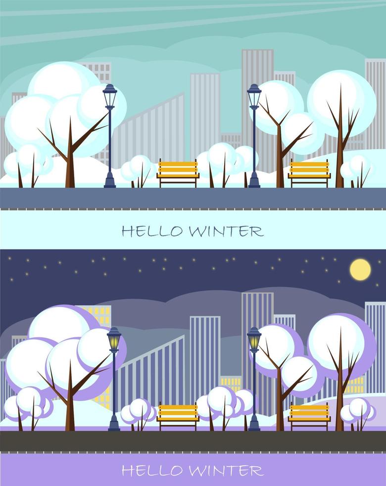 The winter park is presented. Trees, road, skyscrapers are shown. vector