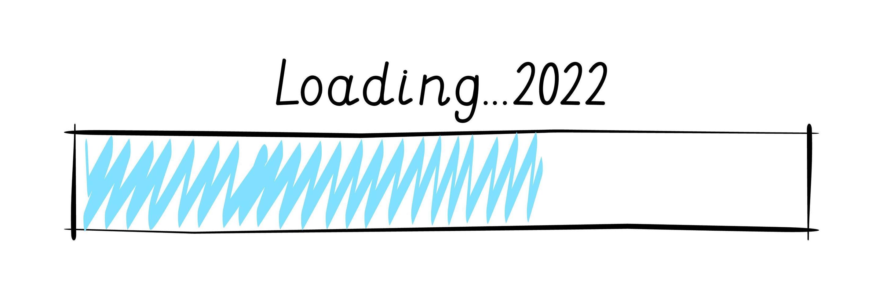 Signo de barra de carga de año nuevo 2022 dibujado en estilo doodle. Próximamente vacaciones de invierno, vector de botón de barra de carga de fin de año para diseño gráfico