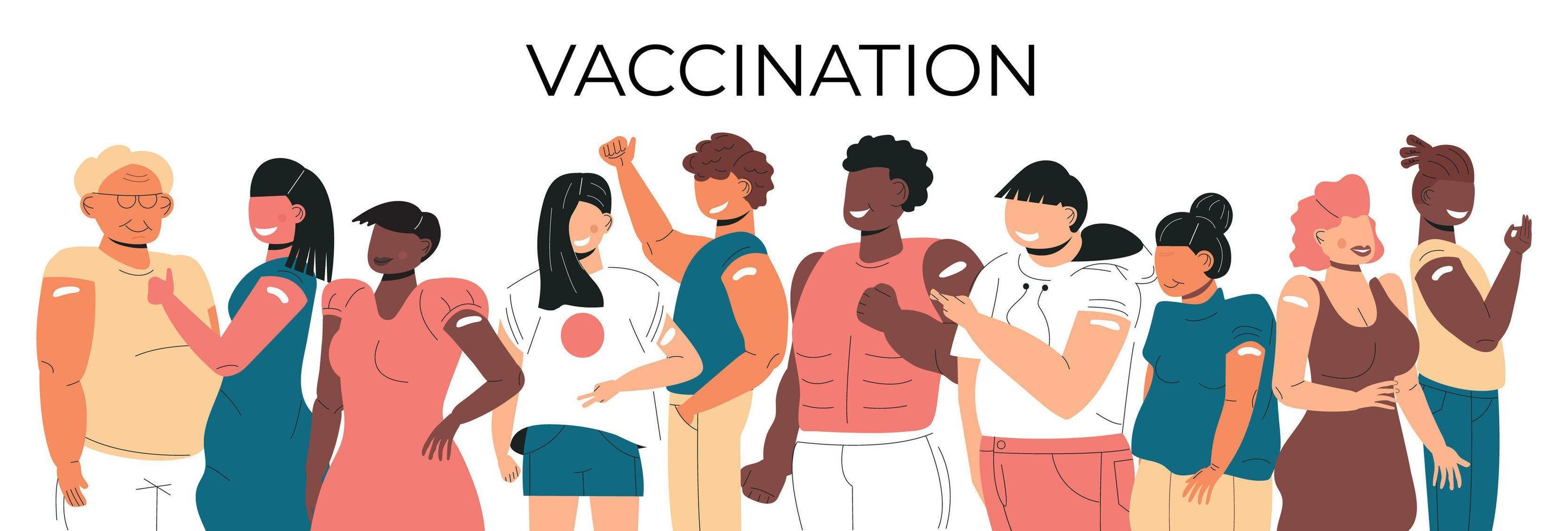 After vaccination concept vector. Coronavirus vaccine company. Injection in shoulder was successfully. Multi races of women and men after getting vaccine. vector