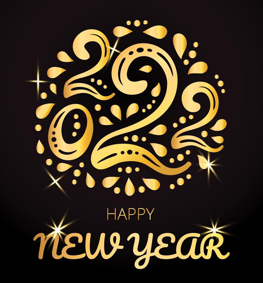 Feliz año nuevo 2022 vector de banner de saludo. dorado, brillante, adorno brillante en estilo dibujado a mano