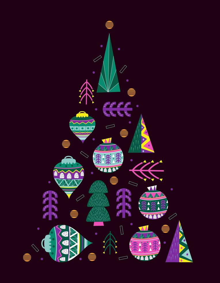 vector de tarjeta de invitación de Navidad de moda. árbol de navidad con bolas de navidad en estilo geométrico dibujado a mano.