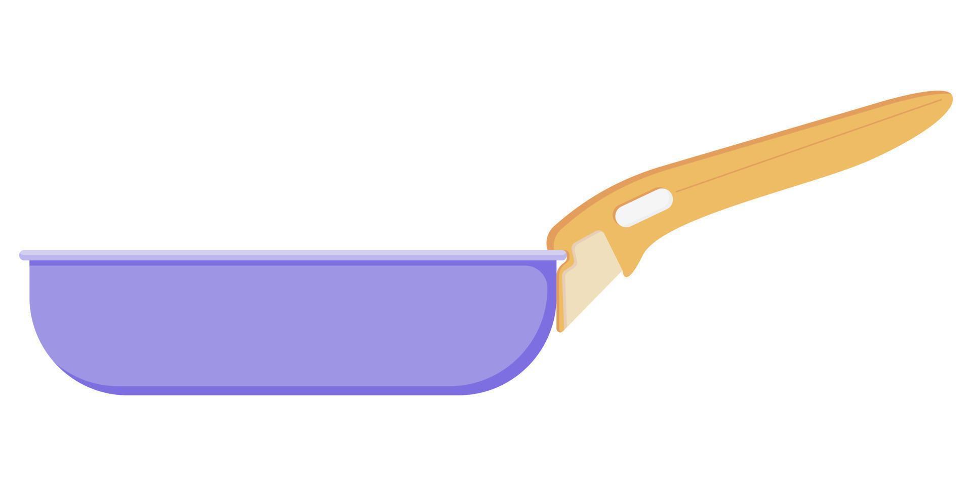 Sartén violeta con mango amarillo para cocinar y freír en un estilo plano aislado en un fondo blanco. vector