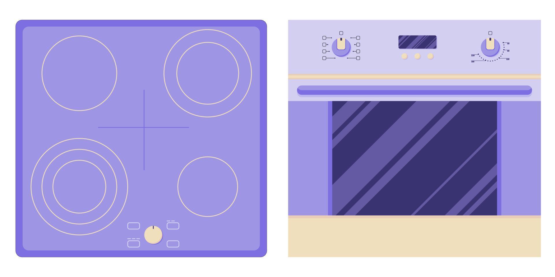Placa de inducción y horno para cocinar y hornear alimentos, diferentes niveles de calentamiento y cocción en un estilo plano aislado en un fondo blanco. vector