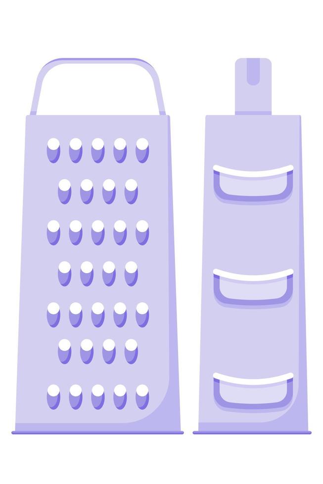 Purple Grater with handle for vegetables cheese and eggs small and large grater, grater slices in a flat style isolated on a white background vector