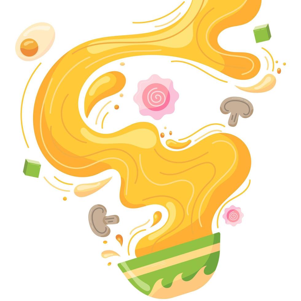 Soup splashing out of a plate, Asian broth with crabs, onions, mushrooms, egg, and noodles. Deep soup plate for Asian cuisine menu in flat style vector